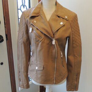 Express Tan Faux Leather Moto Jacket Quilted Shoulders Size M